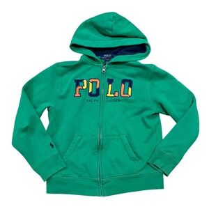 Polo Ralph Lauren Boys Green Full Zip Hoodie Multi Color Logo M 10-12 Sweatshirt